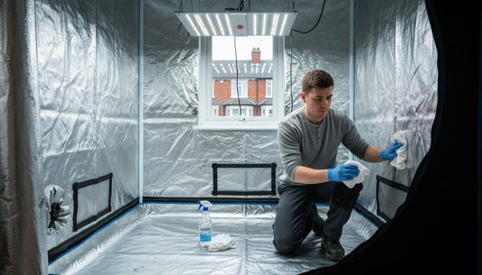 Man in blue gloves cleaning the interior of a reflective hydroponic grow tent