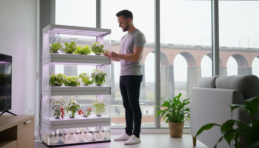 Man tending to a multi-tier indoor hydroponic garden system with LED grow lights.