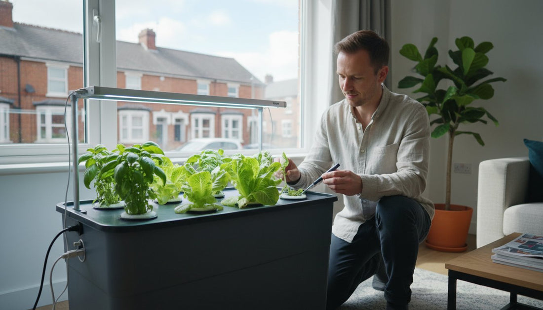 Man tending to leafy greens in an indoor hydroponic growing system by a window.