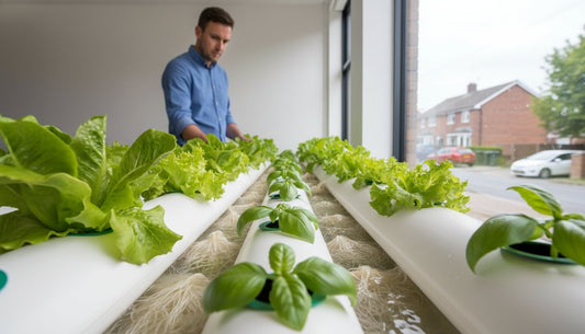 A man tending to lettuce and basil growing in white hydroponic NFT pipes indoors.