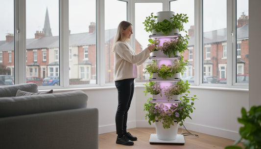 Woman tending to a multi-tier indoor hydroponic vertical garden tower in a bright living room