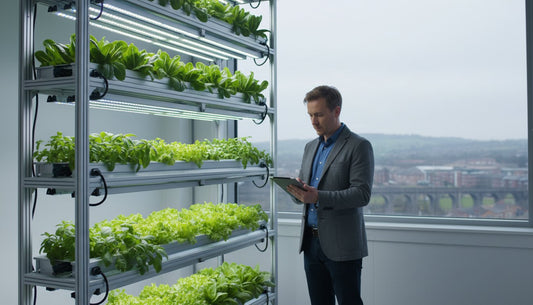 Man monitoring a vertical hydroponic farming system with LED grow lights in a modern office.