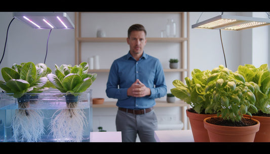 Man standing between hydroponic lettuce in water and potted basil under LED grow lights