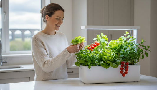 A woman harvesting fresh lettuce from a smart indoor hydroponic garden system.