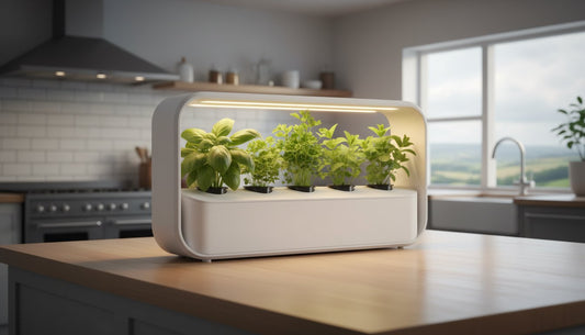 Indoor hydroponic herb garden with LED grow light on a modern kitchen counter.
