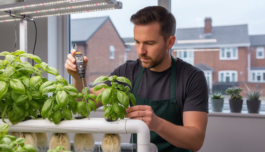 Man in a green apron testing hydroponic basil plants with a digital pH meter.