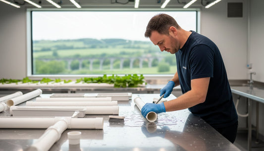 Man in blue gloves assembling white PVC hydroponic piping on a stainless steel workbench