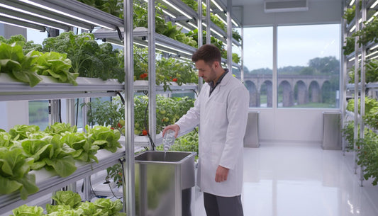 Scientist in a lab coat monitoring plants in a hydroponic indoor vertical farm