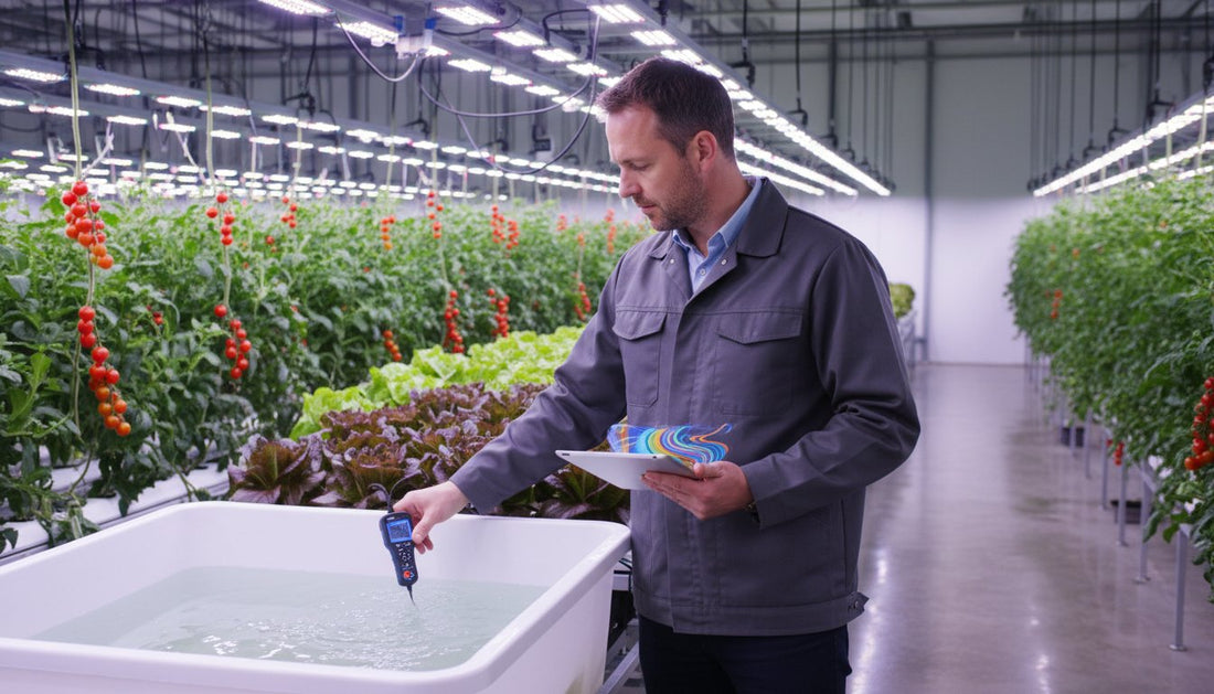 Agricultural expert testing nutrient solution in a hydroponic vertical farm with tomatoes.