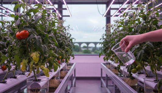 Hand pouring water into a hydroponic tomato plant system with grow lights.