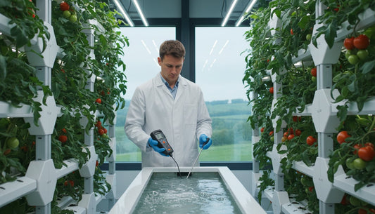Scientist in a white lab coat testing water quality in a hydroponic tomato farm