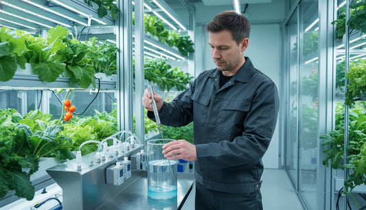 A technician testing nutrient solution in a modern hydroponic grow room with LED lighting.