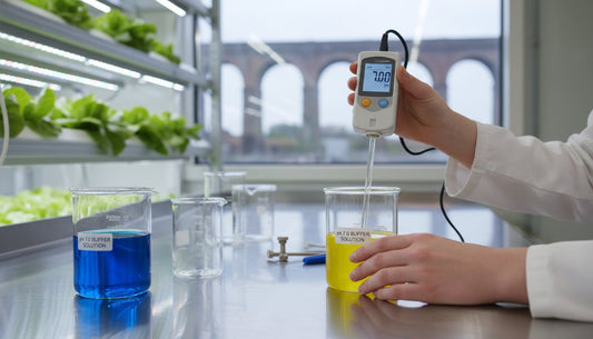 A scientist measuring the pH level of a yellow nutrient solution in a laboratory setting.