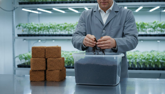 A technician in a lab coat preparing coco coir blocks and soil for hydroponic seedlings.