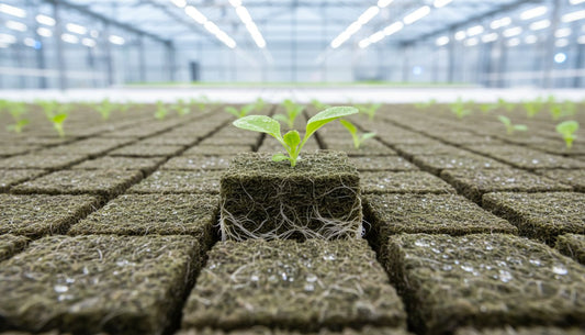 Small green plant seedling growing in a rockwool cube in a hydroponic facility