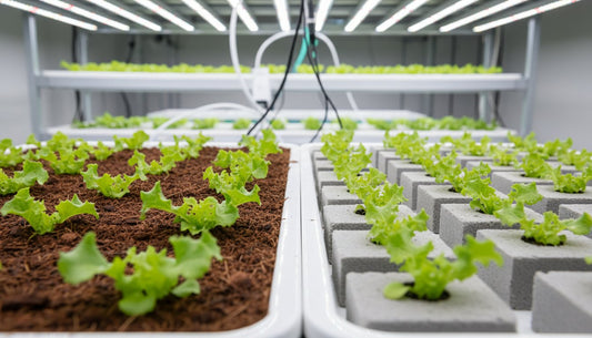 Hydroponic lettuce growing in coco coir and rockwool cubes under grow lights
