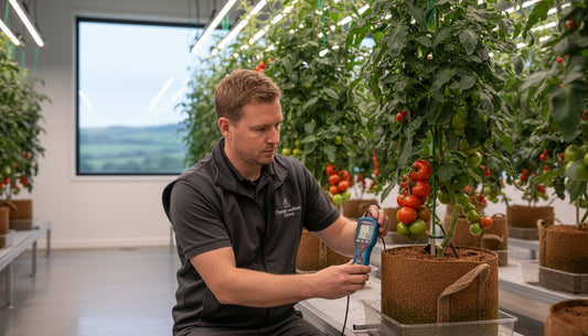 A man using a digital pH meter to test hydroponic tomato plants in a grow room.
