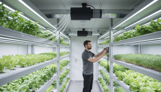 Man operating a control panel in a professional hydroponic vertical farming grow room