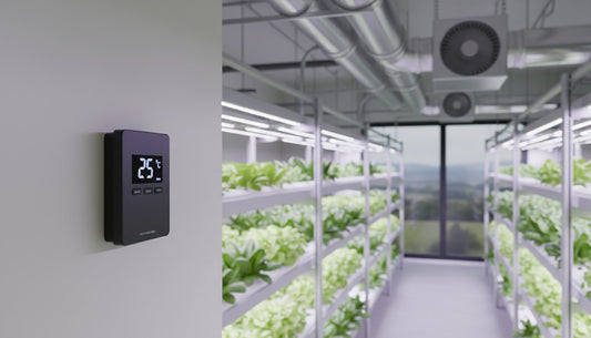 Digital temperature controller on wall in a professional hydroponic vertical farm