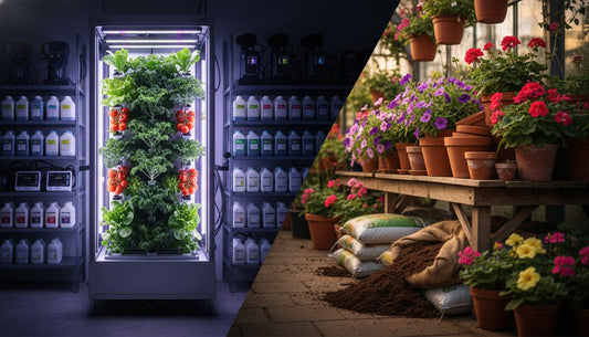 Comparison of a modern indoor hydroponic grow system and a traditional soil garden.
