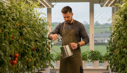 Man in an apron pouring nutrient solution into a watering can in a hydroponic grow room.