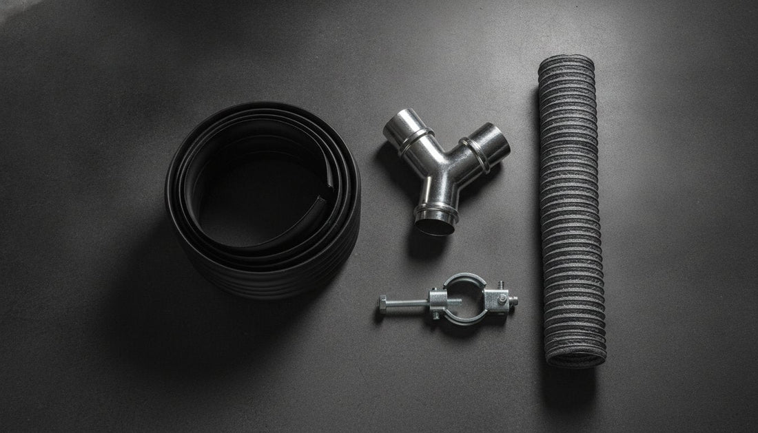 Hydroponic piping kit with black tubing, Y-joint connector, hose clamp, and corrugated pipe.