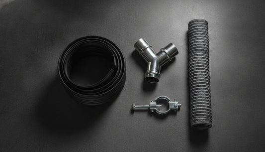 Hydroponic piping kit with black tubing, Y-joint connector, hose clamp, and corrugated pipe.