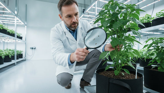 Scientist in a lab coat using a magnifying glass to examine a healthy green plant in a grow room.