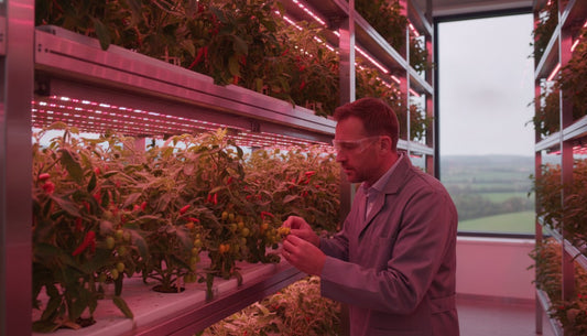 A researcher in a lab coat inspecting chili plants in a hydroponic grow room with LED lighting.