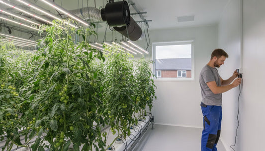 A man adjusting controls in a professional hydroponic grow room with tomato plants and LED lighting.