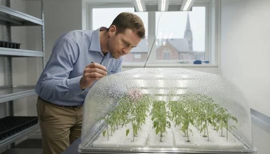 A man inspecting young seedlings growing under a clear plastic humidity dome in a lab setting.