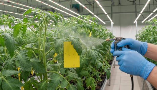 A person in blue gloves using a spray bottle to treat tomato plants in a hydroponic grow room.