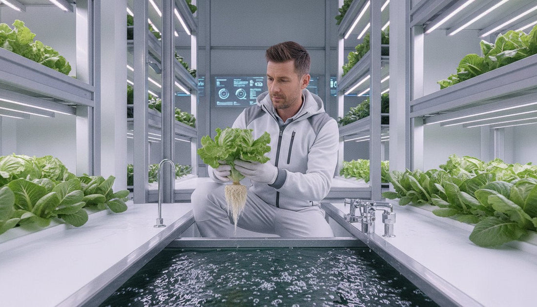 A man in a white lab coat holding a hydroponic lettuce plant in a modern vertical farm.