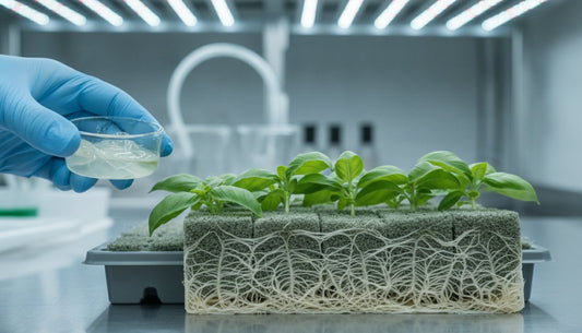 A gloved hand holding a petri dish over basil plants growing in hydroponic rockwool cubes.