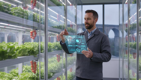 A technician using a futuristic digital interface to monitor hydroponic crops in a vertical farm.