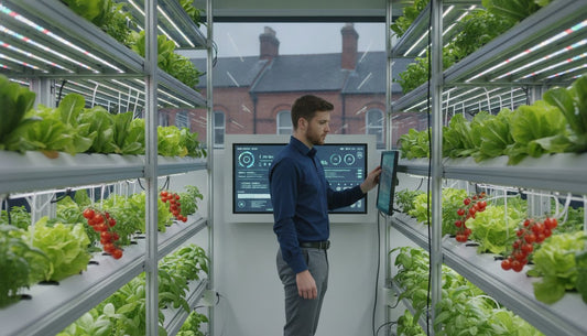 A man monitoring a vertical hydroponic farm with LED grow lights and various vegetables.