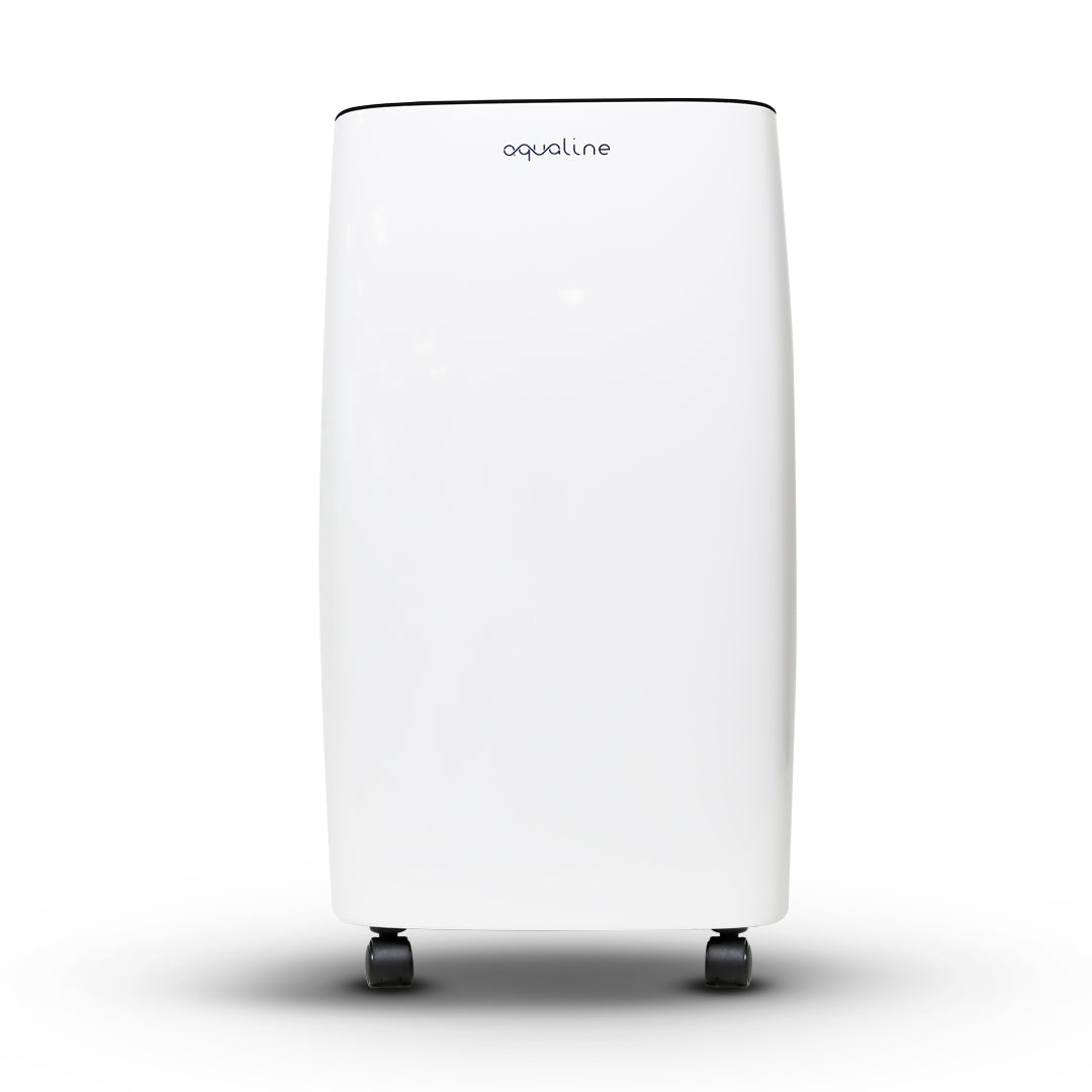 White dehumidifier with 'aqualine' branding on a white background