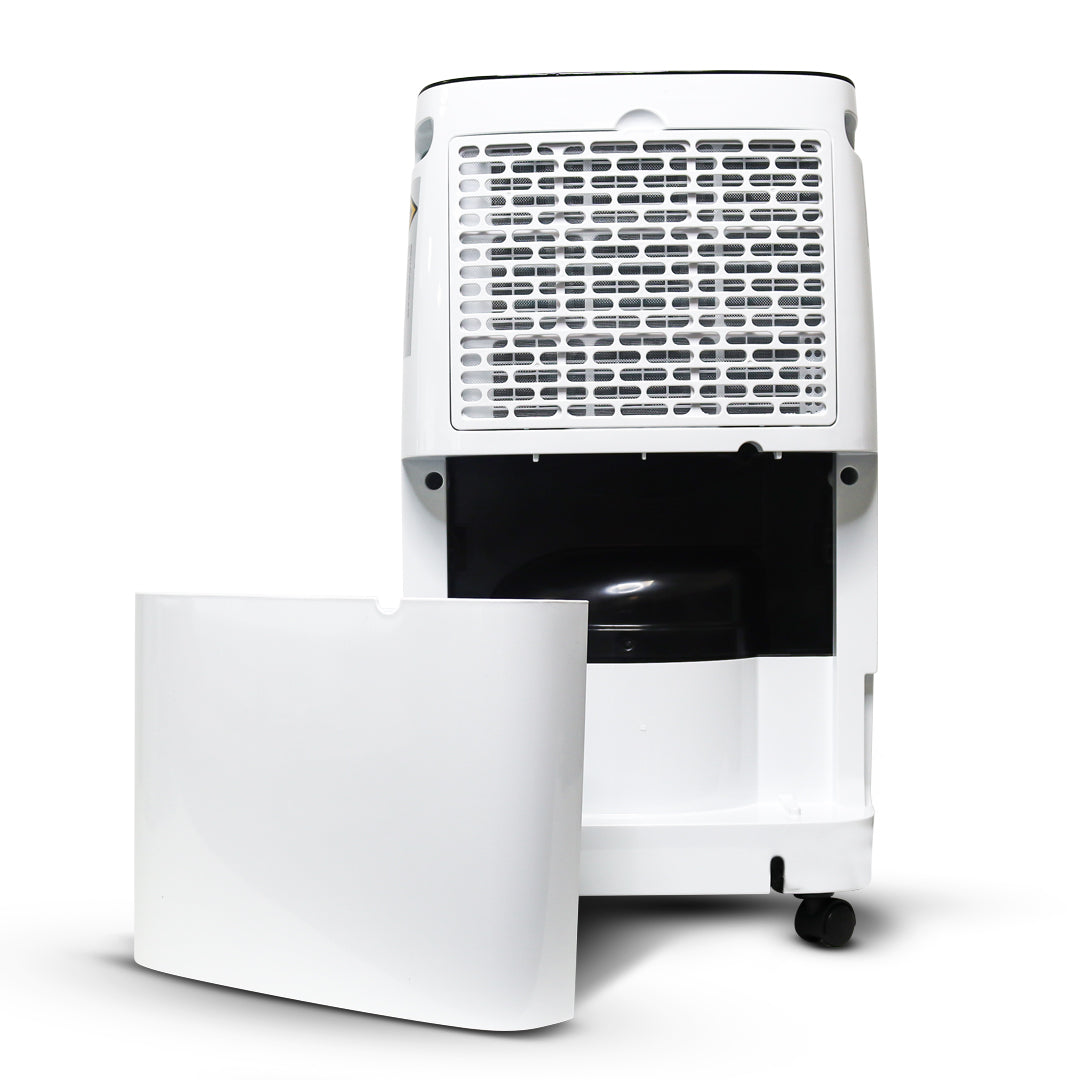 White dehumidifier with a black interior on a white background