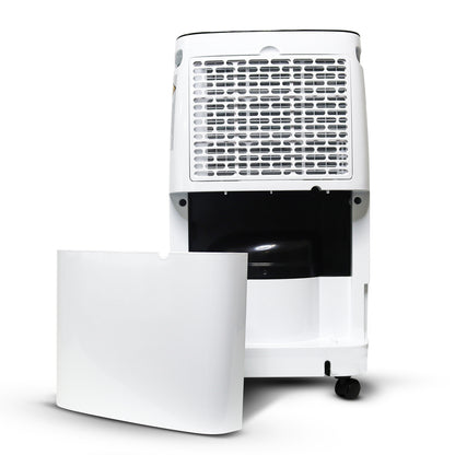 White dehumidifier with a black interior on a white background