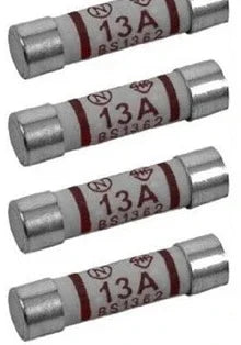 A pack of four 13 amp fuses for household plugs, extension leads and mains equipment. Keep spares on hand so a blown fuse