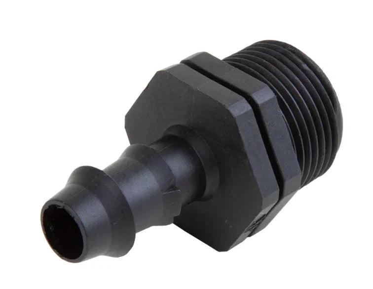 13mm barbed thread connector 3/4" This 3/4" M.BSP to 13mm barbed fitting is designed for secure connections between 3/4" BSP