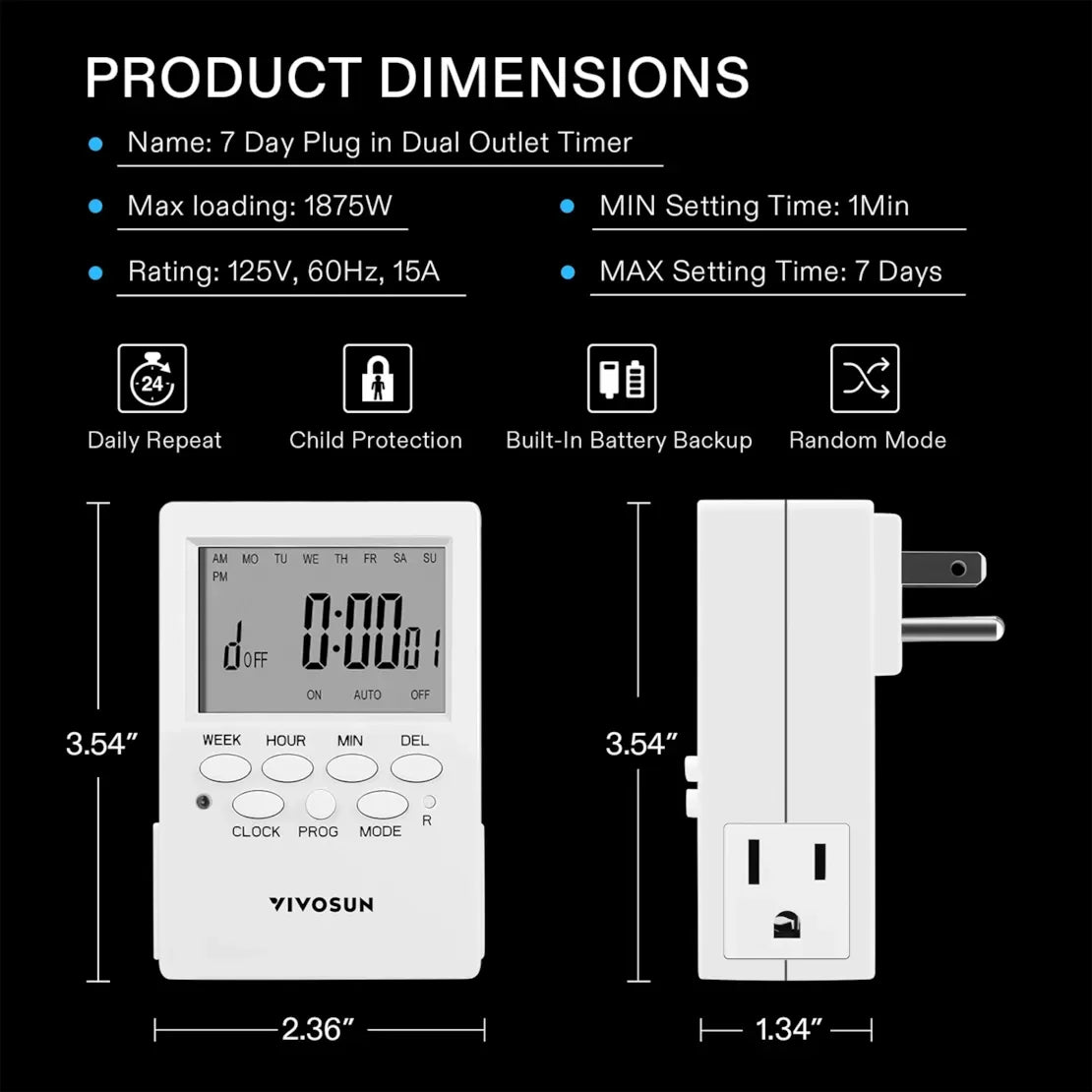 VIVOSUN 7 Day Digital Timer with Dual Outlet - Default Title - DiscountHydro.com - 19.00 - Lighting > Timers & Controllers, Vivosun