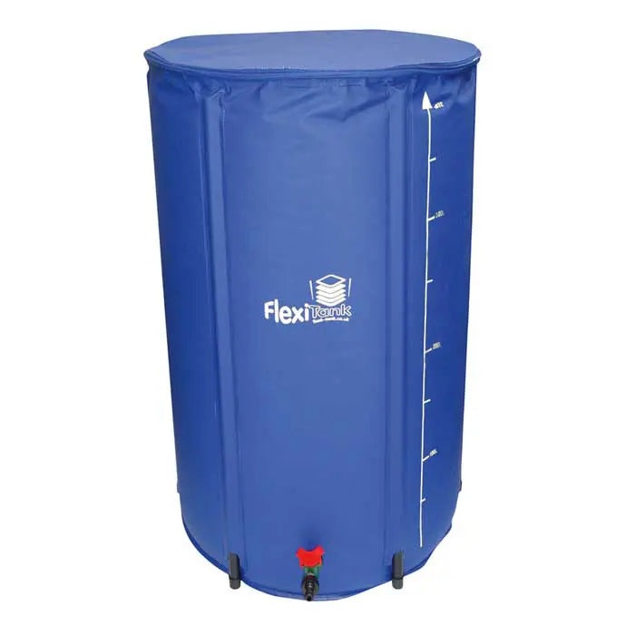 Blue inflatable storage tank with Flexi brand logo on a white background