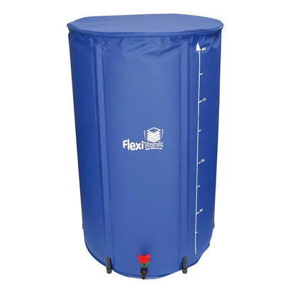 Blue inflatable storage tank with Flexi brand logo on a white background