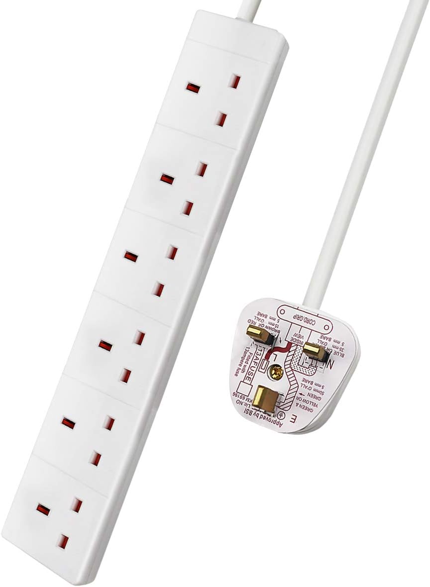 White power strip with multiple sockets and a plug on a white background