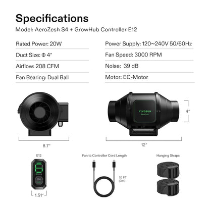 AeroZesh Inline EC Fan - S4 Inline EC Fan 4″ (353 m³/hr) + E12 Controller - DiscountHydro.com - 88.00 - Fans & Filters > Fan Controllers, Fans & Filters > Inline / Intake Fans, Vivosun