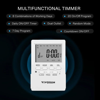VIVOSUN 7 Day Digital Timer with Dual Outlet - Default Title - DiscountHydro.com - 19.00 - Lighting > Timers & Controllers, Vivosun