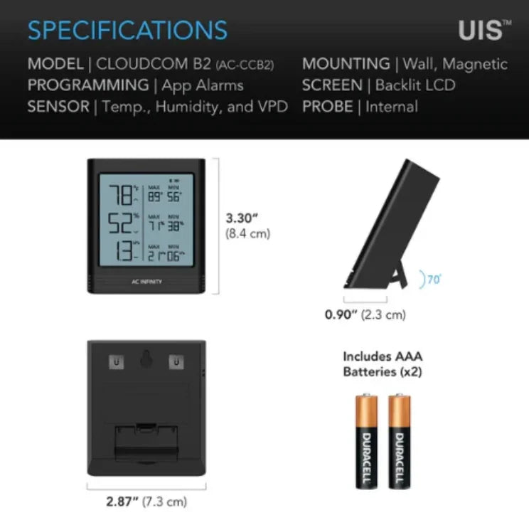 Cloudcom B Series, Smart Thermo-Hygrometer With Data App A smart sensor designed to give accurate temp, humidity, and VPD