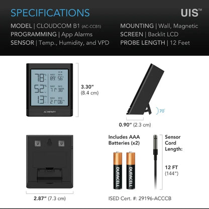 Cloudcom B Series, Smart Thermo-Hygrometer With Data App A smart sensor designed to give accurate temp, humidity, and VPD