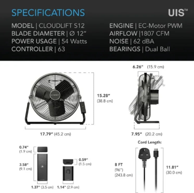 Cloudlift Fans - 12 inch = 3070 m3/hour - DiscountHydro.com - 178.00 - AC Infinity, Fans & Filters > Circulations Fans